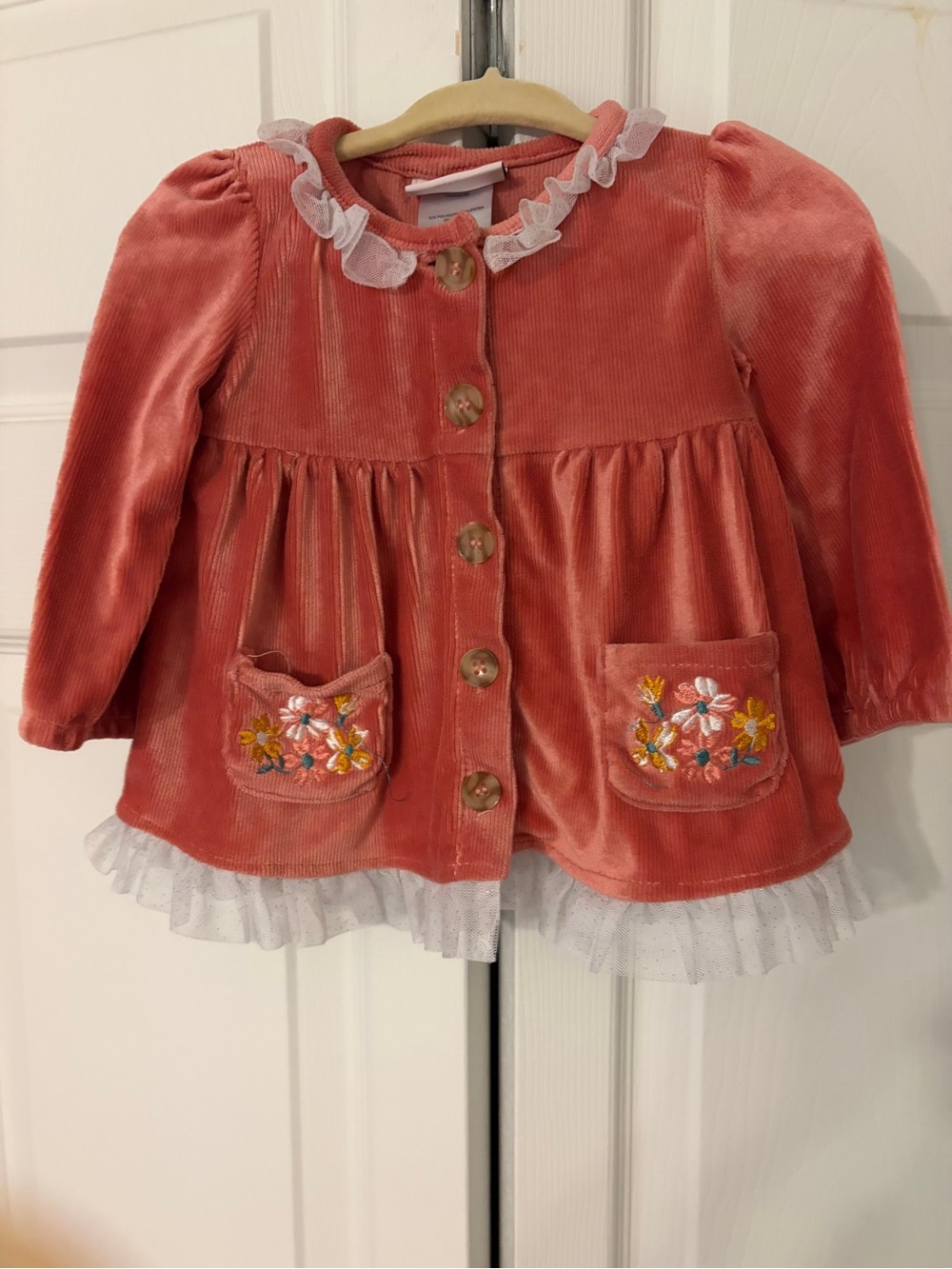Little Lass Coral Velvet Button-Front Dress with Floral Embroidered Pockets 12 M